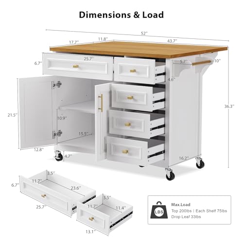 LUMISOL Kitchen Island on Wheels with Drop Leaf, 52'' Embossed Texture Kitchen Island Cart with 5 Drawers and 2 Doors, Rolling Kitchen Island with Spice Rack and Towel Rack for Kitchen, White