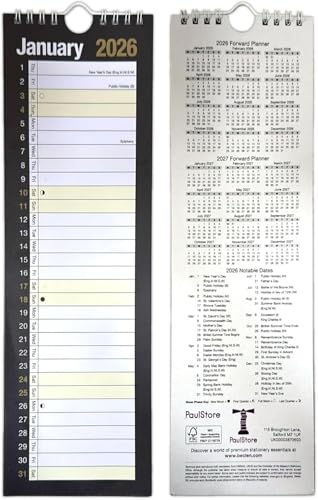 PaulStore 2026 Slim month to view spiral bound wall planner calendar black and white
