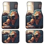 Delerain Cat Reading Book 4-Piece Car Floor Mats Front and Rear Rubber Backing Carpet, Auto Foot Mats All Weather Universal Fit Car Decor Accessories Fit for SUV, Vans, Sedans, Trucks