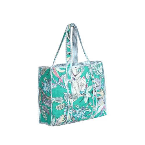 Image of Cotton Tiger Block Print Tote Bag, Indian Handmade Shopping Shoulder Bag, Unisex Market Daily Use