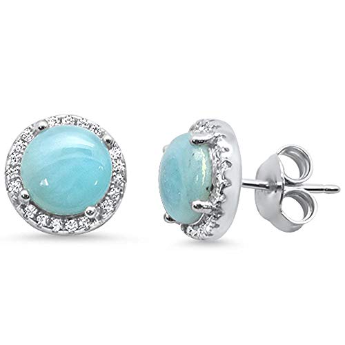Natural Larimar Clear Cubic Zirconia Halo Round Stud Earrings Sterling Silver