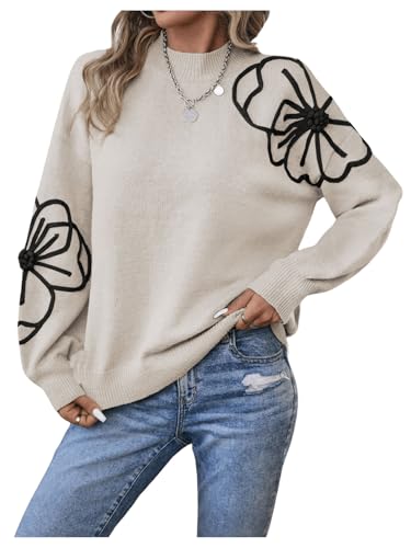 Image of Milumia Women's Floral Pattern Mock Neck Long Sleeve Drop Shoulder Pullover Sweaters