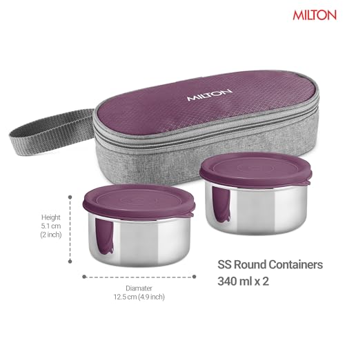 Image of MILTON Plato Pack Small Stainless Steel Lunch Box (2 X 340 ml containers) with Jacket | Leak Proof, Food Grade I Lightweight, Odour Proof | 1 Year Warranty I Ideal for Office, School, Travel, Purple