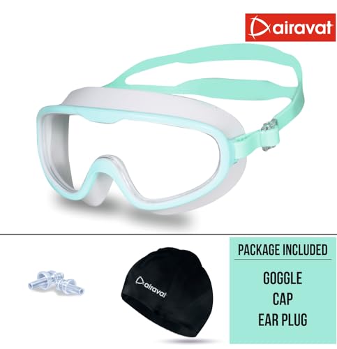 Image of AIRAVAT Shore swimming goggles, polycarbonate goggles, No Leaking Anti-Fog Pool Goggles for Adult Men Women Youth, UV Protection, 180 Clear Vision, Free size (White Combo)