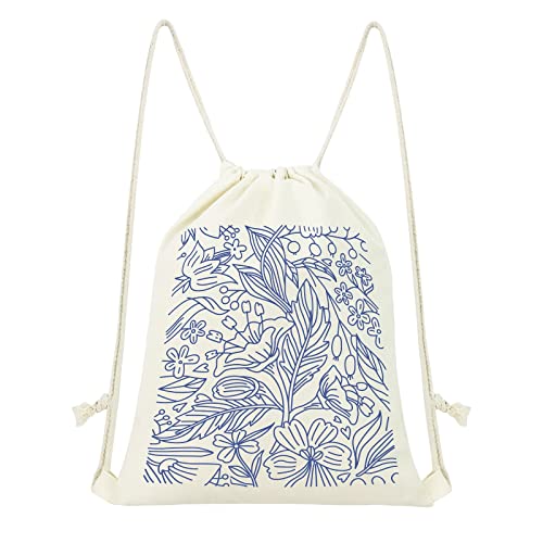 Mositu Floral Leaf Drawstring Backpack Aesthetic Drawstring Bag For Women Blue Flower Cotton Canvas Backpack Sport Gym Draw String Bag Beach Sack Bag Travel Sackpack Bag #TOP25