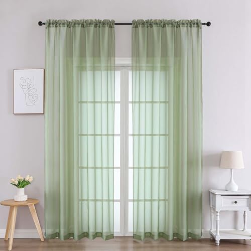 Image of Chyhomenyc Sage Green Sheer Curtains 84 Inches Long 2 Panels, Light Filtering Green Curtains for Living Room, Soft Gentle Voile Rod Pocket Bedroom Window Drapes, 59Wx84L Inch, 2PCS