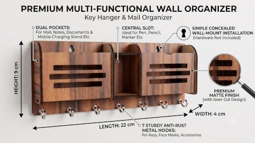 Image of Wall Mount Key Holder & Mail Organizer | Laser-Cut Key Hanger with 7 Metal Hooks, Letter Rack & Pen Stand | Wooden Wall Decor for Entryway, Living Room, Home & Office (Minimalist)