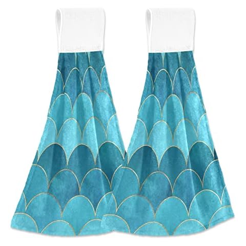 Vnurnrn Green Teal Mermaid Scales Hanging Tie Towels Absorbent Hand Towel with Hook & Loop for Kitchen Bathroom 2 Pieces Cover