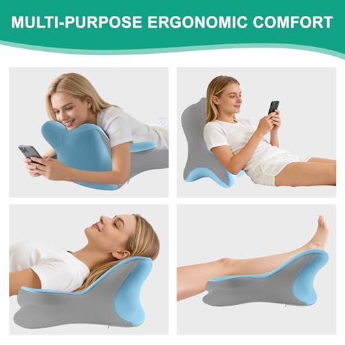 Image of MOONYOOY Ergonomic Reading Pillow for Bed, Premium Memory Foam Wedge Pillow for Prone, Leaning & Back Support, Cooling Ice Silk Cover for Couch & Headboard Relaxation, Sky Blue