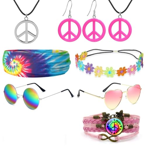 iZoeL Deguisement Hippie Annees 80 Annees 70 Deguisement Halloween/Carnaval/Disco/Cosplay Femme Homme Accessoires Hippie Costume, Lunettes Collier Bijoux Couvre-chef