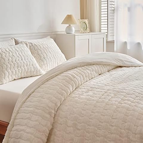 Jameswish Faux Rabbit Fur Duvet Cover Set Super Soft Furry Comforter Cover Set Luxury Cozy Cross Pattern Plush Fuzzy Fluffy 3Pcs Bedding Set(1Duvet Cover+2 Pillowcases) (Queen Size, Ivory White) Cover