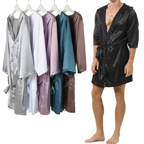 Mens Hooded Bath Robe Short Sleeve House Robe Satin Silk Lounge Bathrobes with Belt Men's Pajamas Homme Robes Sleepwear(Grey Robe,X-Large)2
