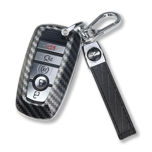 QBUC for Ford Key Fob Cover with Keychain Full Protection Durable ABS Shell Compatible with 2018-2025 Expedition Explorer Edge Escape Mustang Bronco F-150 Ranger Maverick Lincoln(Carbon Fiber)