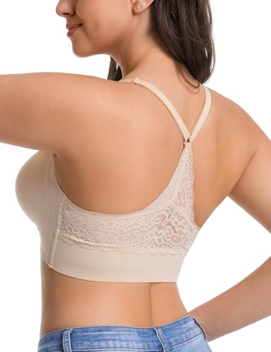 Lusait Womens Jelly Bra Seamless Wireless Lace Racerback Bralette Buttery Soft Comfort Deep V Plunge T-Shirt Bra Beige M