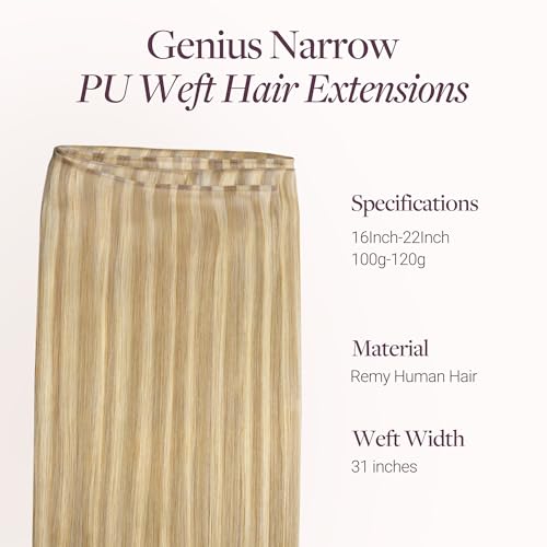 Image of GOO GOO Genius Narrow Edge PU Weft Hair Extensions Human Hair, Invisible Sew in Hair Extensions Human Hair, P16 /22A Light Blonde Highlighted Golden Blonde 18 Inch 100g, Seamless Soft Lightweight