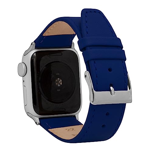 Bandini Womens Band for Apple Watch Band Leather 41mm for Women 40mm 38mm, Slim Leather Replacement iWatch Band for Apple Watch Series 9 8 7 6 5 4 3 2 1 SE - Blue/Silver