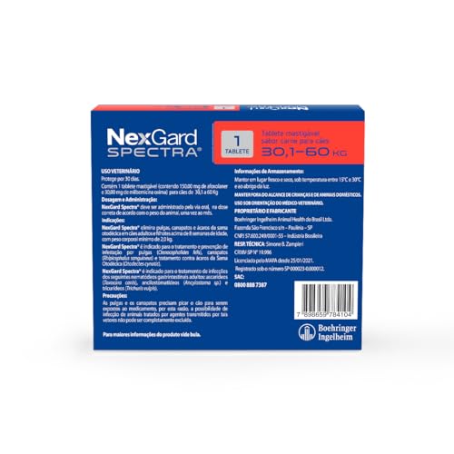 NexGard Spectra Antipulgas e Carrapatos e Vermífugo para Cães de 30,1 a 60kg - 1 tablete