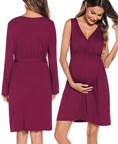 Image of SWOMOG Women Maternity Nursing Gown and Robe Set 3 in 1 Labor Delivery Nursing Nightgown for Breastfeeding Hospital Bathrobe