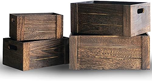 Decorative Wooden Crate,Set of 4 Rectangle Storage Boxes, Nesting Storage Crates with Handles,Crates for Storage,Wooden Storage Bins (Brown)