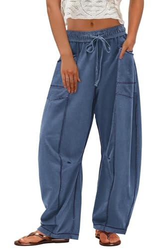 ReachMe Calça de moletom feminina estilo barril, folgada, cintura alta, pernas largas com cordão, ro