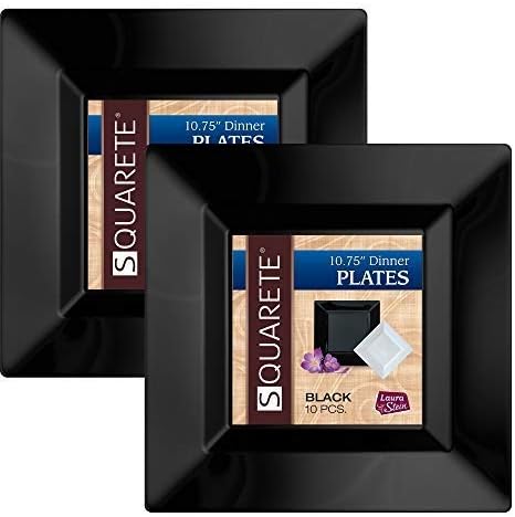 10.75'' inch Black Dinner Square Party Plates Hard Plastic Elegant Disposable Heavy Duty. 10 Square Dinner Plates Per Package Pack of 2