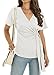 Womens Summer White Wrap V Neck Short Sleeve Tops 2026 Trendy Ladies Spring Casual Cute Front Tie Knot Waist Batwing Dolman Asymmetrical Ryuched Shirts Blouses
