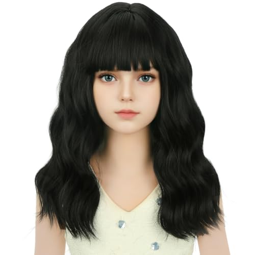 Image of Natural Black Wig Short Black Wavy Curly Wigs Wig with Air Bangs Synthetic Cosplay Hair Wigs