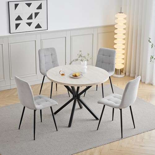 GrandCA HOME Ensemble Table et Chaises de Salle à Manger, 4 Chaises de Salle à Manger en Velours Côtelé Gris Clair et une Table Ronde de 100cm, idéal pour...