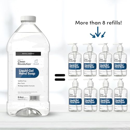 Image of Clean Revolution Liquid Gel Hand Soap Refill - Sulfate-Free Gel Hand Wash, Moisturizing Bulk Refill, Non-Toxic Formula (Fragrance Free) 64oz, 6-Pack with Pumps