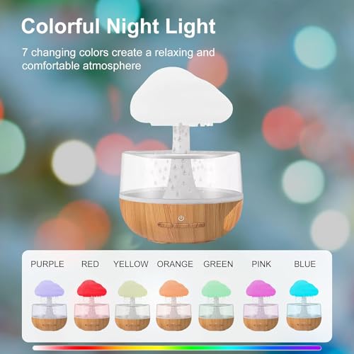 Image of Plastic Raining Cloud Night Light Aromatherapy Essential Oil Diffuser Micro Humidifier Desk Fountain Bedside Sleeping Relaxing Mood Water Drop Sound for Bedroom, Office or Yoga (Raining Cloud)