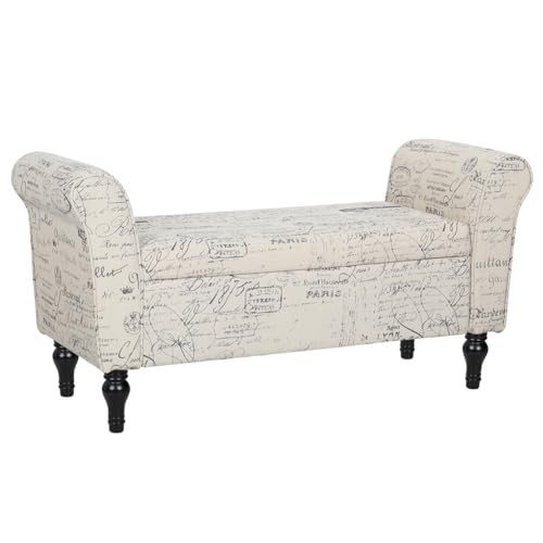 INMOZATA Upholstered Window Seat with Storage, 114.5cm Rolled Arm Ottoman Bench with Hidden Storage, Linen Fabric Entryway Bench for Bedroom, Living Room, Hallway (Vintage Postmark Design) - Image 6