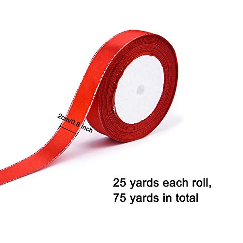 Livder 3 Rolls Christmas Wrapping Satin Ribbon, Red White Green, 4/5 Inch Wide, 75 Yards #TOP2