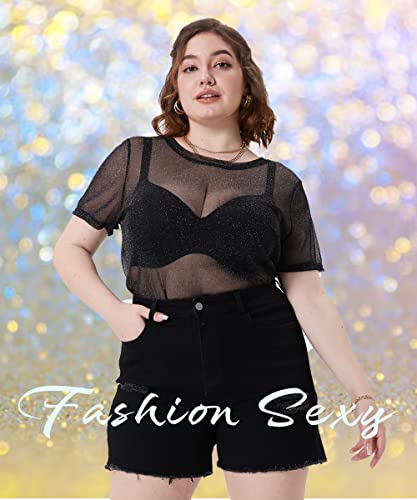 RITERA Plus Size Mesh Tops for Women Sexy Short Sleeve Sheer Fishnet Shirts Black Tshirts Blouses XL-5XL4
