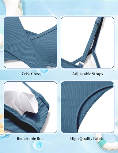Image of Girls Swimsuit Bikini Set,Criss Cross Bathing Suits for Girl Two Piece Solid Color Girls' Swimwear for 7-16 Years