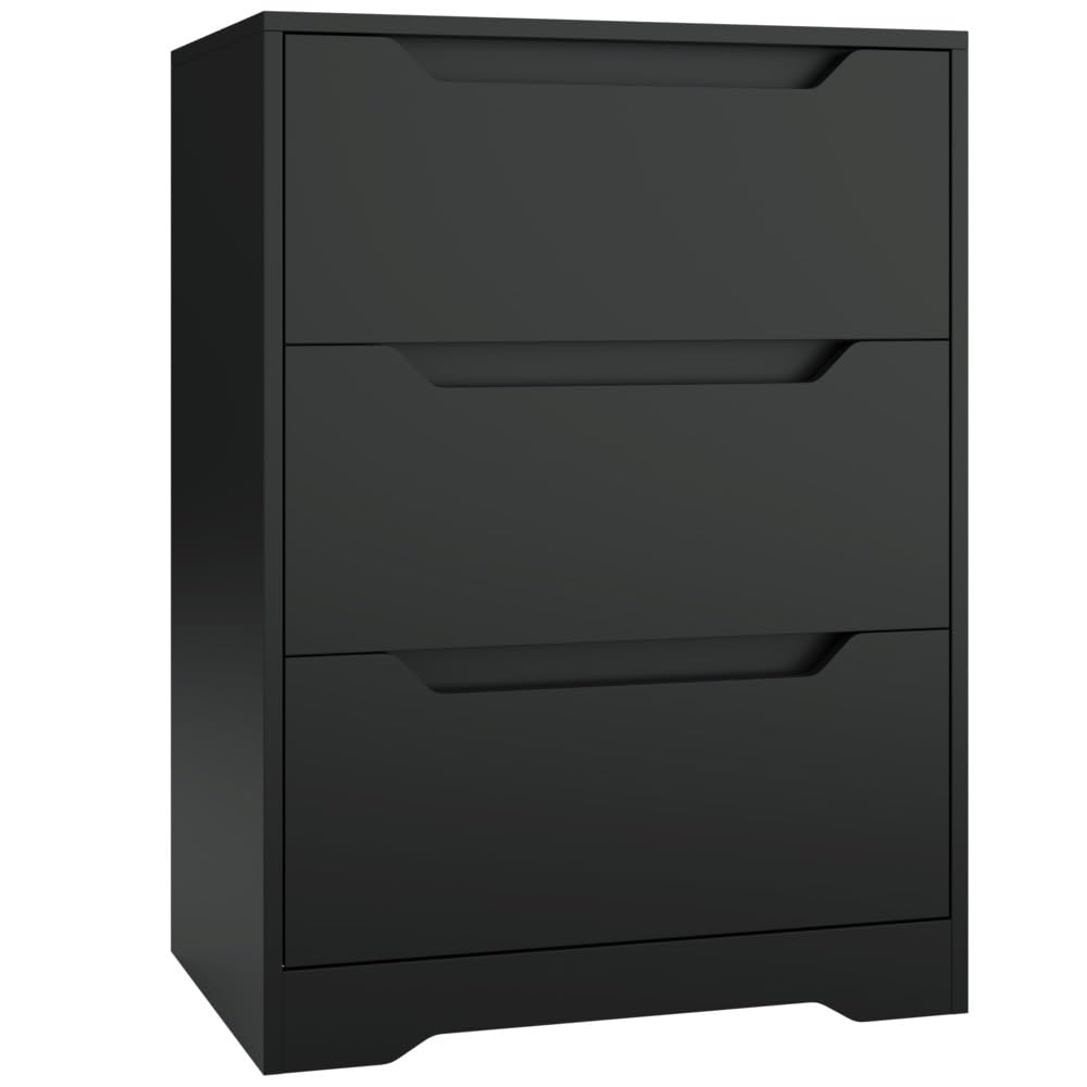 HOSTACK Modern 3 Drawer Dresser, Wood Chest of Drawers with Storage, Tall Nightstand with Cut-Out Handles, Side End Table, Accent Storage Cabinet for Living Room, Entryway, Black