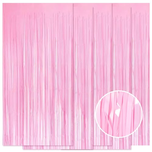 Image of 5 Pack Pink Foil Curtain Backdrop 3.2ft x 8.2ft Tinsel Foil Fringe Curtains Macaron Photo Booth Streamer Backdrop for Party Decorations Birthday Baby Shower Bachelorette Holiday Decor (Pastel Pink)