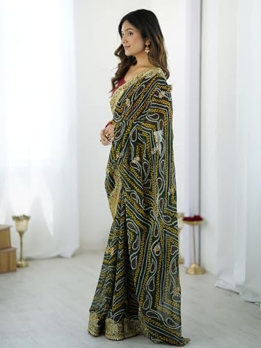 Image of Satrani Women's Georgette Bandhani Printed Embroidered gota lace Saree with Unstitched Blouse Piece