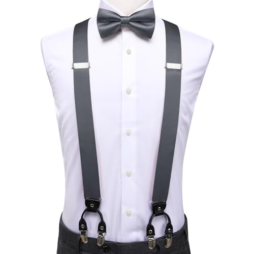 Image of Hi-Tie Men Suspender Bowtie Set Suspenders Pre-tied Bow Tie Pocket Square Cufflinks Adjustable Y Shape 6 Clips Braces Tuxedo