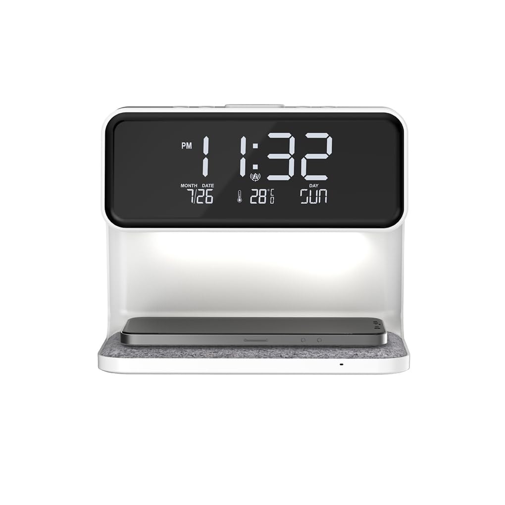 Lampada sveglia intelligente bianca Caricatore wireless Orologio Comodino intelligente Allarme allegro Comodino digitale senza fili Nitido