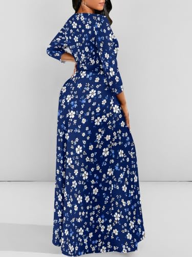 Image of Women Plus Size Long Sleeve V Neck Maxi Dress with Belt | Soft fabric relaxed fit three quarter sleeve v neck with pockets for party and daily wear