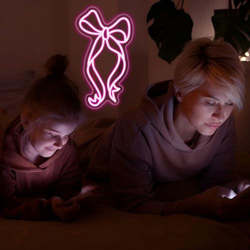 Image of Bow Neon Sign - JGHTURIE Neon Signs for Wall Decor, Pink Bow Ribbon Light up Signs for Room, Bar, Party, Home Decor, Led Sign - USB Powered