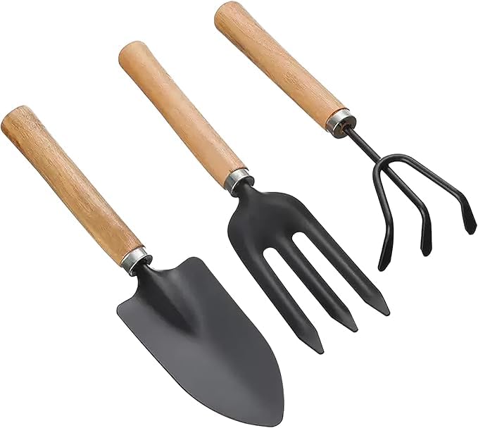 Image of Leafly Garden Hand Tools, 3-Piece Steel Gardening Tool Set Includes Hand Shovel, Hand Rake and Cultivator with Wooden Handle Suitable for Potted Plants,Ideal Garden Tool (Big)