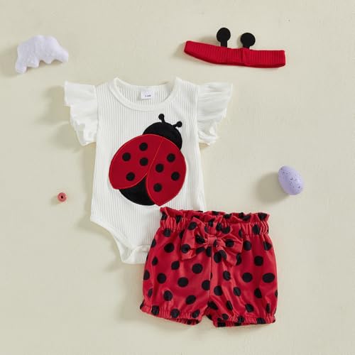 Tempura 3 6 9 12 18M Baby Girl Bee Ladybug Embroidery Round Neck Romper Top Shorts Headband 3Pcs Clothes Set3
