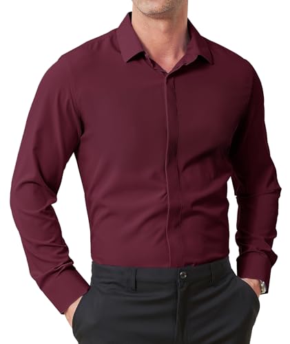 ZITY Mens Hidden Placket Dress Shirts Long Sleeve Button Down Shirt Business Casual Shirts Wine Red - image 1