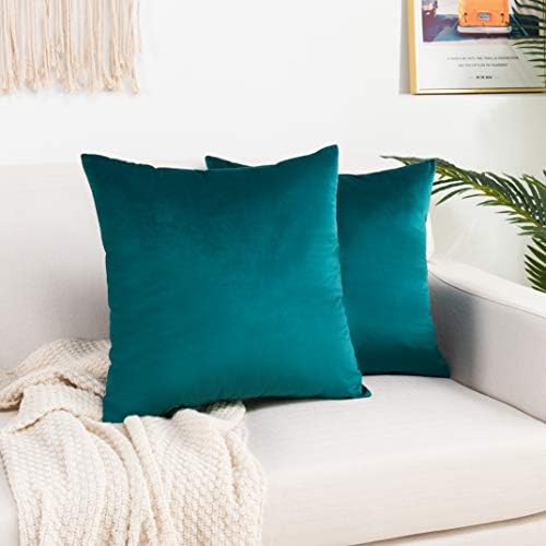 Image of 2 Piece Premium Holland Velvet Cushion Cover, 18x18 inch, Teal Green | Soft Solid Decorative Throw Square Pillow Cases Modern Luxury Home Decor for Couch Sofa Bedroom Livingroom
