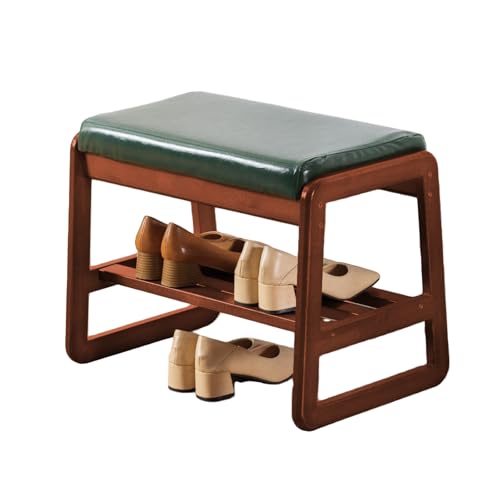 SOBIBO Solid Wood Shoe Bench, 2-Tier Wooden Entryway Bench, Modern Shoe Rack with Faux Leather Cushion for Hallway, Living Room (Green, 21.65'')