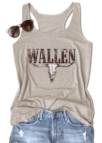 Vintage Country Concert Tank Tops for Women Western Cowgirls Graphic Tees Western Bull Skull Graphic Tank Tops Summer Country Shirts Outfits (Cow6/Khaki M)