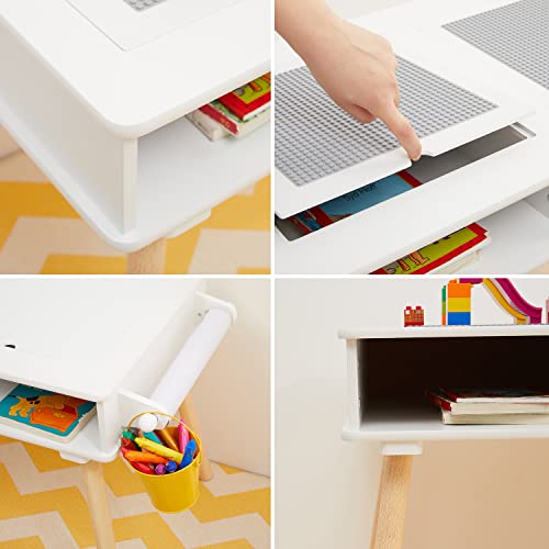 Toffy & Friends Kids Activity Table Set 2 In 1 Wooden Building Block Desk W/Storage Double-Sided Tabletop For Toddler Arts, Crafts, Drawing, Reading, Playing (White & Gray) #TOP3