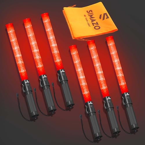 SIMAZO 6 Pack Traffic Wand, 21 Inch Traffic Control Light Wand with 3 Flashing Modes, Red LED Safety Signal Baton with Side Clip for Air Marshalling, Car Directing, Parking Guides