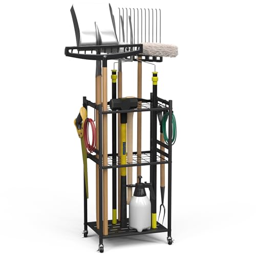 Anvuda Gartenwerkzeug-Organizer,3-stufig Aufbewahrungsregal für Garage Gerätehalter Organizer Kohlenstoffstahl Mehrzweck Gartengeräteaufbewahrungsrega mit Rollen,Metall Tool Stand Halter 42*30*80cm